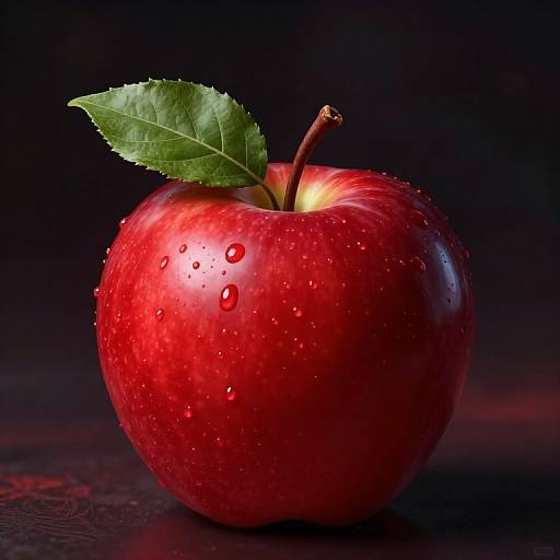 Photograph of a vibrant, red apple with droplets of water and a green leaf, set against a dark, black background.