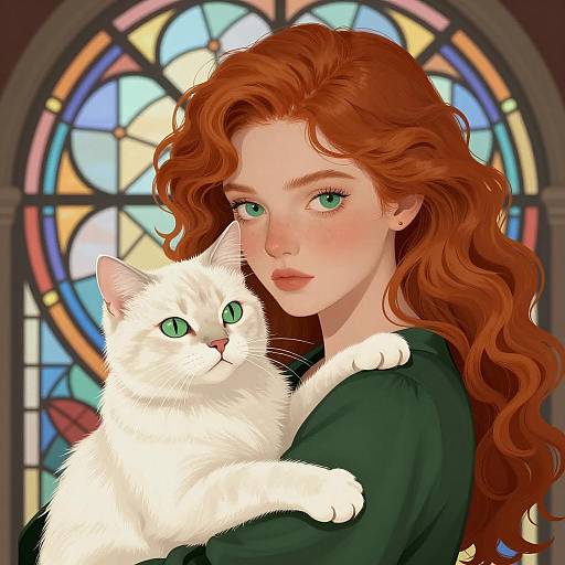 Red-Haired Woman Holding White Cat by Stained Glass
