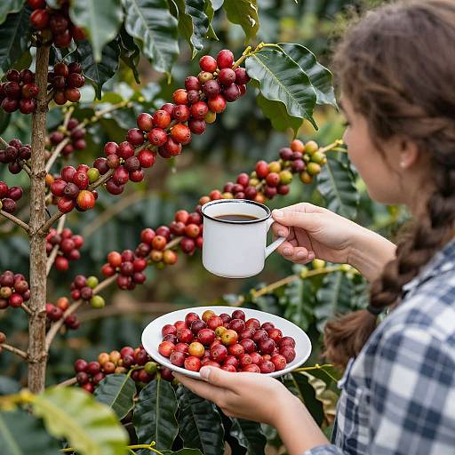 Photograph: Woman with braided brown hair in plaid shirt, holding white mug and plate of red coffee cherries, picking from lush coffee tree