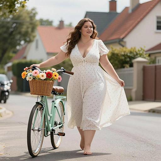 Curvy Woman with Bicycle on Sunny Street