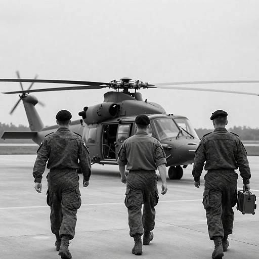 Black-and-White Troops Walking Toward Helicopter