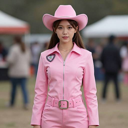 Photograph of a young Asian woman with long black hair, wearing a pink cowboy hat, pink zip-up suit, and belt, standing outdoors with a