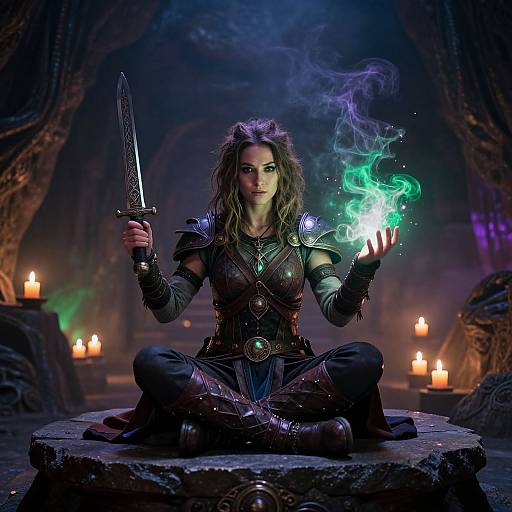 Fantasy illustration: Curly-haired woman in dark armor, sitting cross-legged, holding sword in left hand and green magical flames in right. Surrounded