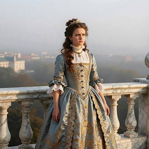 Photograph of a woman in an elaborate, 18th-century blue and gold brocade gown with lace cuffs, standing on a marble balcony, overlooking