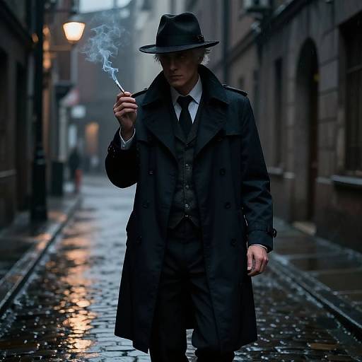 Photograph of a mysterious man in a black trench coat, hat, and tie, smoking a cigarette on a wet, dark alley with streetlights and