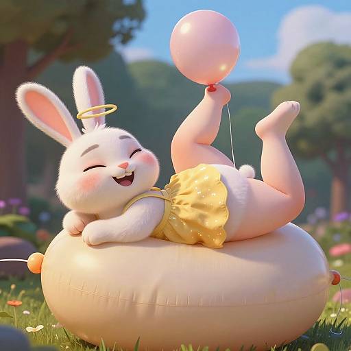 Cute CGI cartoon bunny with white fur, halo, and yellow polka-dot dress, joyfully lying on a balloon, holding a pink balloon string