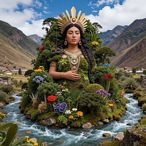 Digital art of a serene, dark-haired woman with gold headdress, surrounded by vibrant flowers, standing on a mountain stream.
