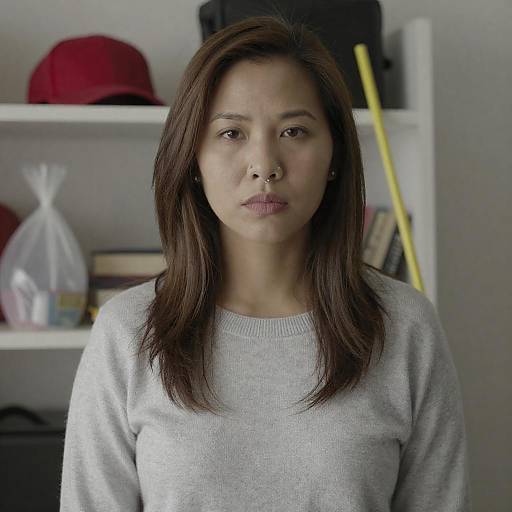 Serious Asian Woman in Cluttered Room