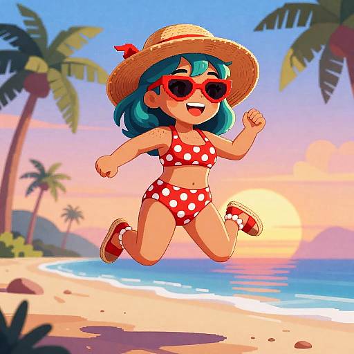 Pixel-Art Vintage Polka-Dot Bikini Sunset Jump
