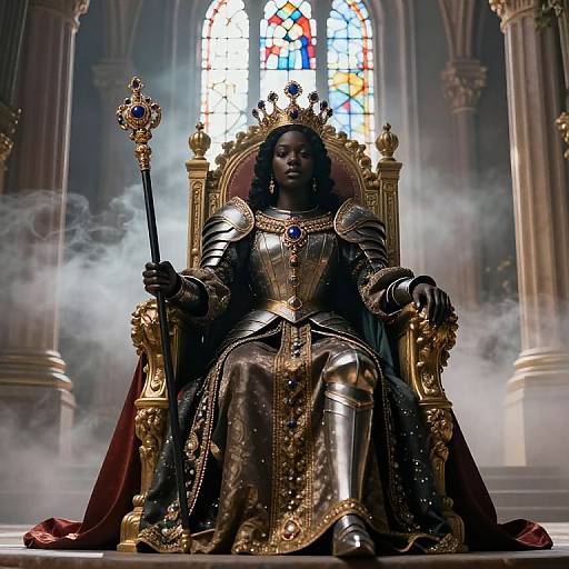 Dark-skinned king in ornate golden armor and crown, holding a jeweled scepter, sits on a grand throne in a misty cathedral with
