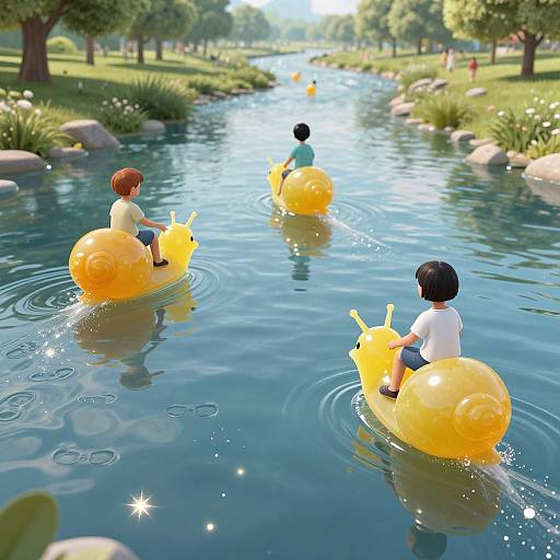 Three children float on yellow inflatable Pikachu rafts in a sunny, serene park pond, surrounded by green trees and clear water.
