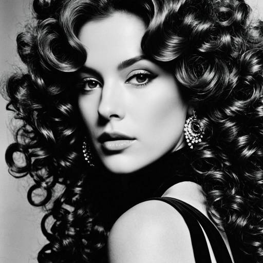 Elegant Woman with Voluminous Curls in Black and White