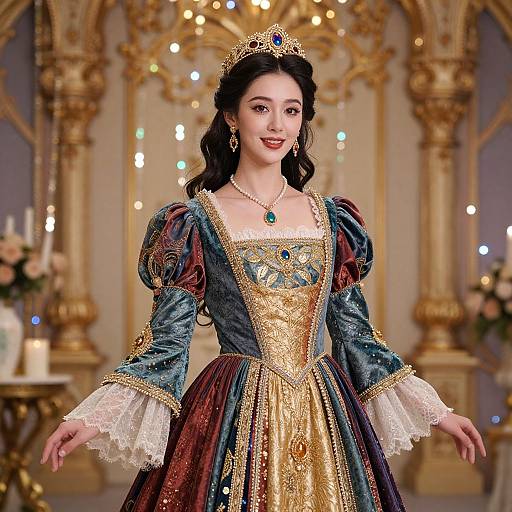 Photograph of an Asian woman in an elaborate, medieval-style dress with gold and blue velvet, lace sleeves, and a jeweled tiara, standing