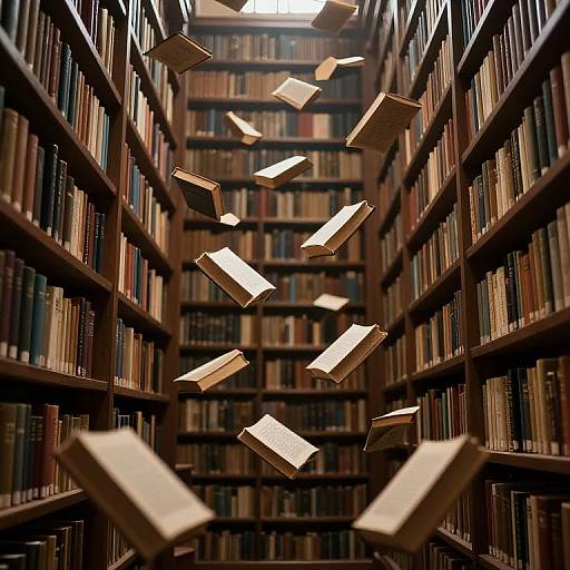 Photograph of a library aisle with floating, open books suspended in mid-air between tall, dark wooden bookshelves filled with colorful books.