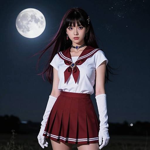 Photograph of an Asian woman in a maroon and white Japanese schoolgirl uniform, white gloves, choker, moonlit night, full moon.