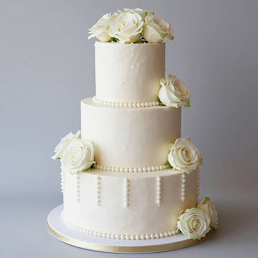 Photograph of a three-tiered white wedding cake adorned with white roses, pearl accents, and a subtle silver sheen, set against a plain gray