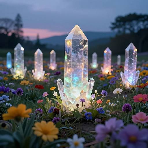 Photograph of glowing, transparent crystal formations illuminated at dusk, surrounded by a colorful flower garden with vibrant blossoms.