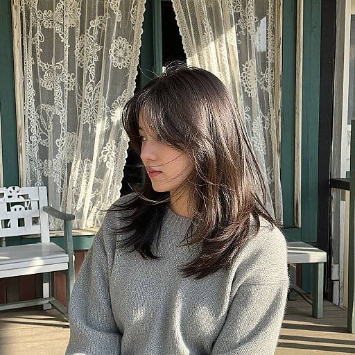 Photograph of an Asian woman with straight brown hair, wearing a gray sweater, sitting in sunlight near lace curtains and white chairs.