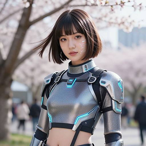 Photograph of an Asian woman in a futuristic silver and black armored crop top with glowing blue accents, standing in a sunlit park with cherry blossom trees