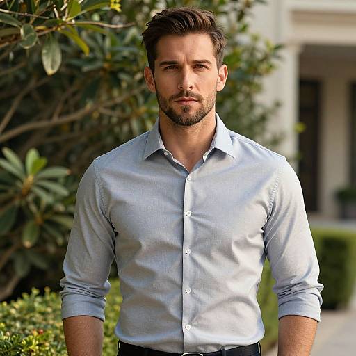 Photograph of a handsome, bearded man with short dark hair, wearing a light blue, button-up shirt, standing outdoors against lush greenery.