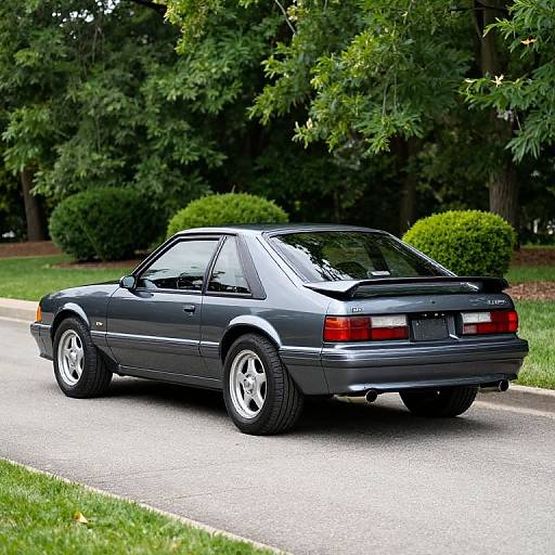 Photograph of a dark blue, 1980s Ferrari Testarossa parked on a suburban street, surrounded by lush green trees and bushes.