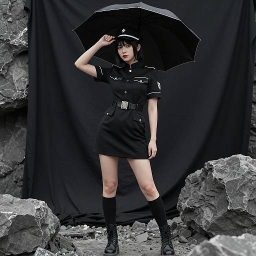 Confident Asian Woman in Military Attire