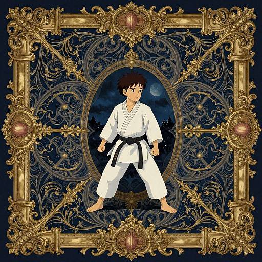 Digital illustration of a karate practitioner in a white gi with black belt, standing in an ornate, gold-framed, dark blue, celestial background
