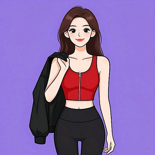 Digital anime-style drawing of a smiling woman with long brown hair, wearing a red zip-up top and black pants, holding a black jacket over her shoulder