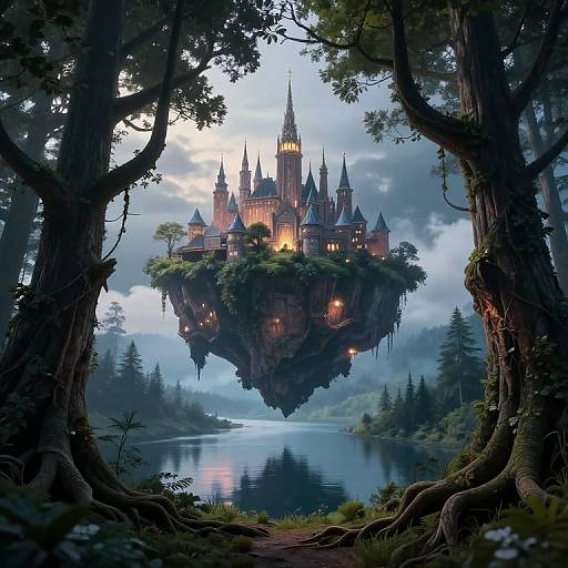 Fantastical digital painting of a glowing, floating medieval castle surrounded by misty forest, reflected in a serene, blue lake.