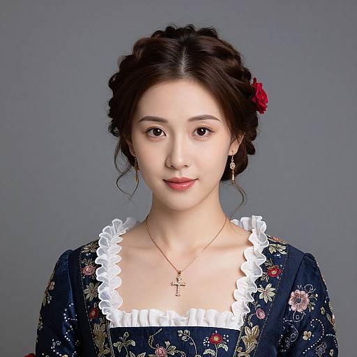 Photograph of an Asian woman with fair skin, dark hair in a braid, wearing a floral navy dress with white ruffle trim, red flower