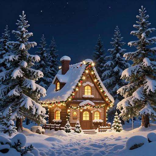 Photograph of a snow-covered, warmly lit wooden cottage with Christmas lights, surrounded by snow-laden pine trees under a starry night sky.