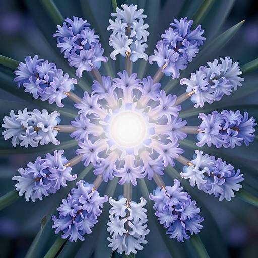 Digital artwork of a radiant white light center surrounded by a circular arrangement of glowing, blue-purple hyacinth flowers with green leaves.