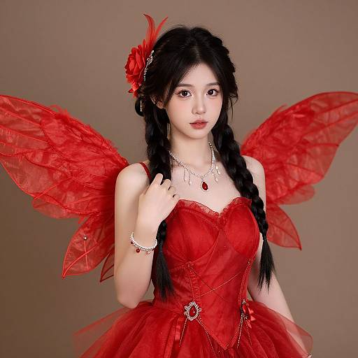 Realistic Girl in Red Fairy Costume