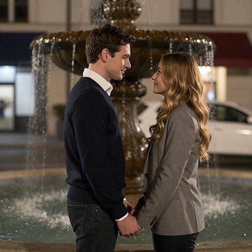Photograph of a couple standing in front of a fountain at night, holding hands, both wearing blazers, with city lights in the background.
