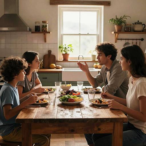 Family Debate at Rustic Kitchen Table