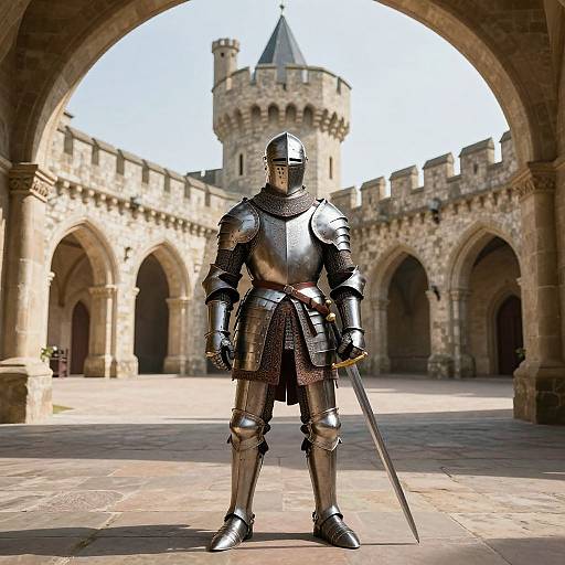 Photorealistic CGI of a medieval knight in shiny silver armor, holding a sword, standing in a sunlit stone courtyard with an arched castle in