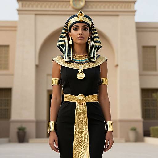 Photograph of a young woman in an Egyptian-inspired outfit with black and gold striped headdress, ornate jewelry, and black dress, standing in front