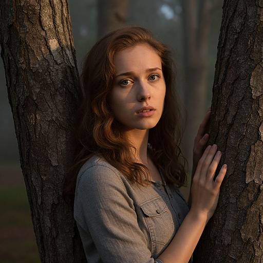 Photograph of a young woman with wavy brown hair, wearing a gray shirt, standing against a tree in a forest, bathed in soft sunlight