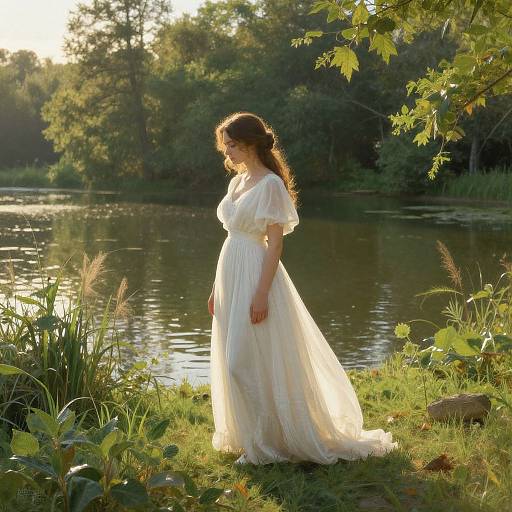 Photograph of a fair-skinned woman with long brown hair in a flowing white dress, standing by a sunlit lakeside, surrounded by lush green