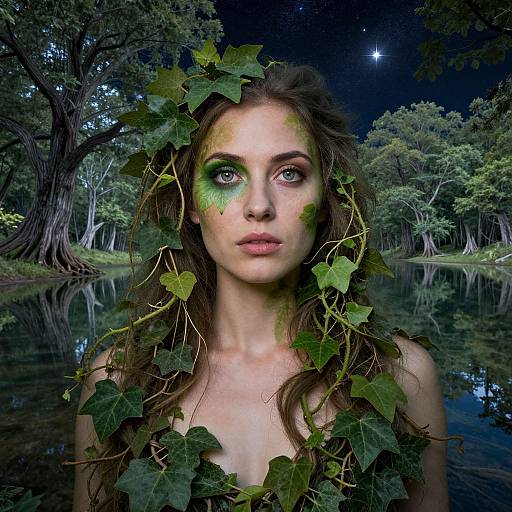 Photograph-style digital art of a fair-skinned woman with green leaf makeup, surrounded by ivy, standing in a moonlit forest by a reflective