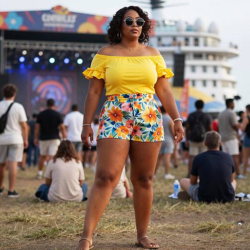 Photograph of a curvy Black woman with curly hair in a yellow off-shoulder top and floral mini skirt, standing confidently at an outdoor festival