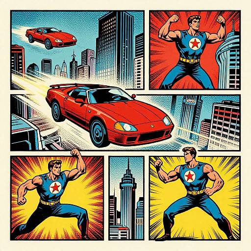 Comic-style illustration: Muscular man with red star on blue suit, flexing in urban cityscape, red sports car speeding through. Dynamic, action
