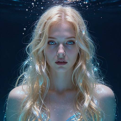 Photograph of a pale-skinned, blue-eyed blonde woman with wet, wavy hair and glowing, ethereal light, underwater in a dark blue