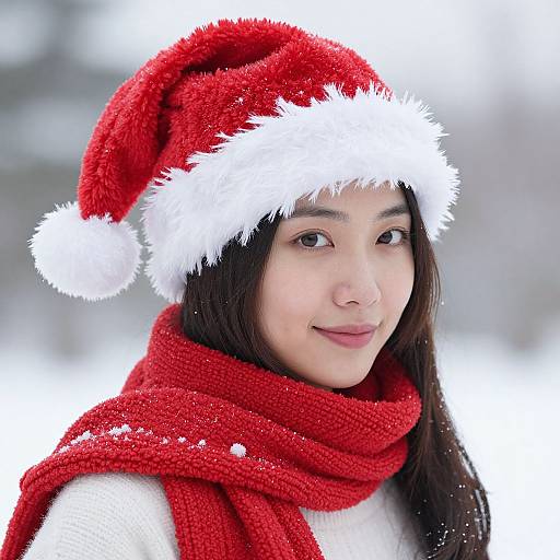 Photograph of an Asian woman with long black hair, wearing a red Santa hat with white trim, and a red knit scarf, smiling against a snowy