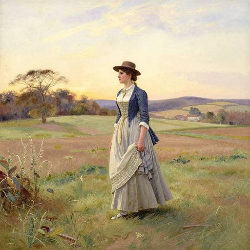 Digital painting of a Victorian woman in a blue jacket, white dress, and brown hat, standing in a grassy field at sunset, holding a sh