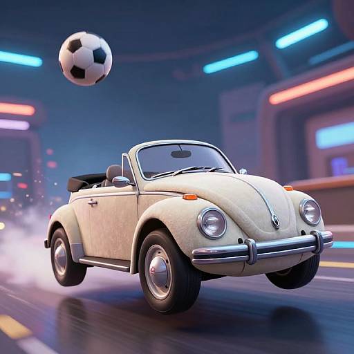 CGI image of a white vintage Volkswagen convertible speeding on a neon-lit street, with a soccer ball mid-air in front.