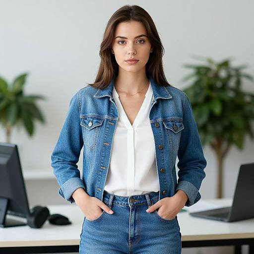 Photograph of a young woman with long brown hair, wearing a blue denim jacket and white shirt, standing in a modern office with potted plants and