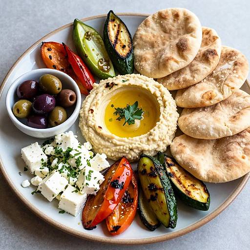 Photograph of a colorful Middle Eastern platter with hummus, roasted vegetables, olives, feta cheese, pita bread, garnished with