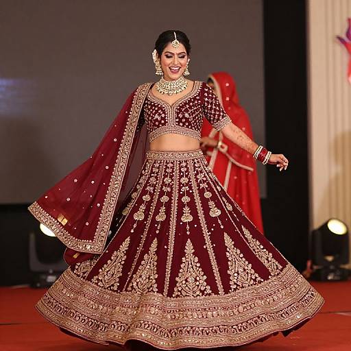 Photograph of a South Asian bride in a maroon, gold-embroidered lehenga and dupatta, smiling on a red stage, with