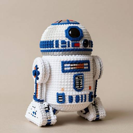 Photograph of a small, white, blue, and black LEGO R2-D2 robot, standing on a plain beige background, showcasing detailed brick construction